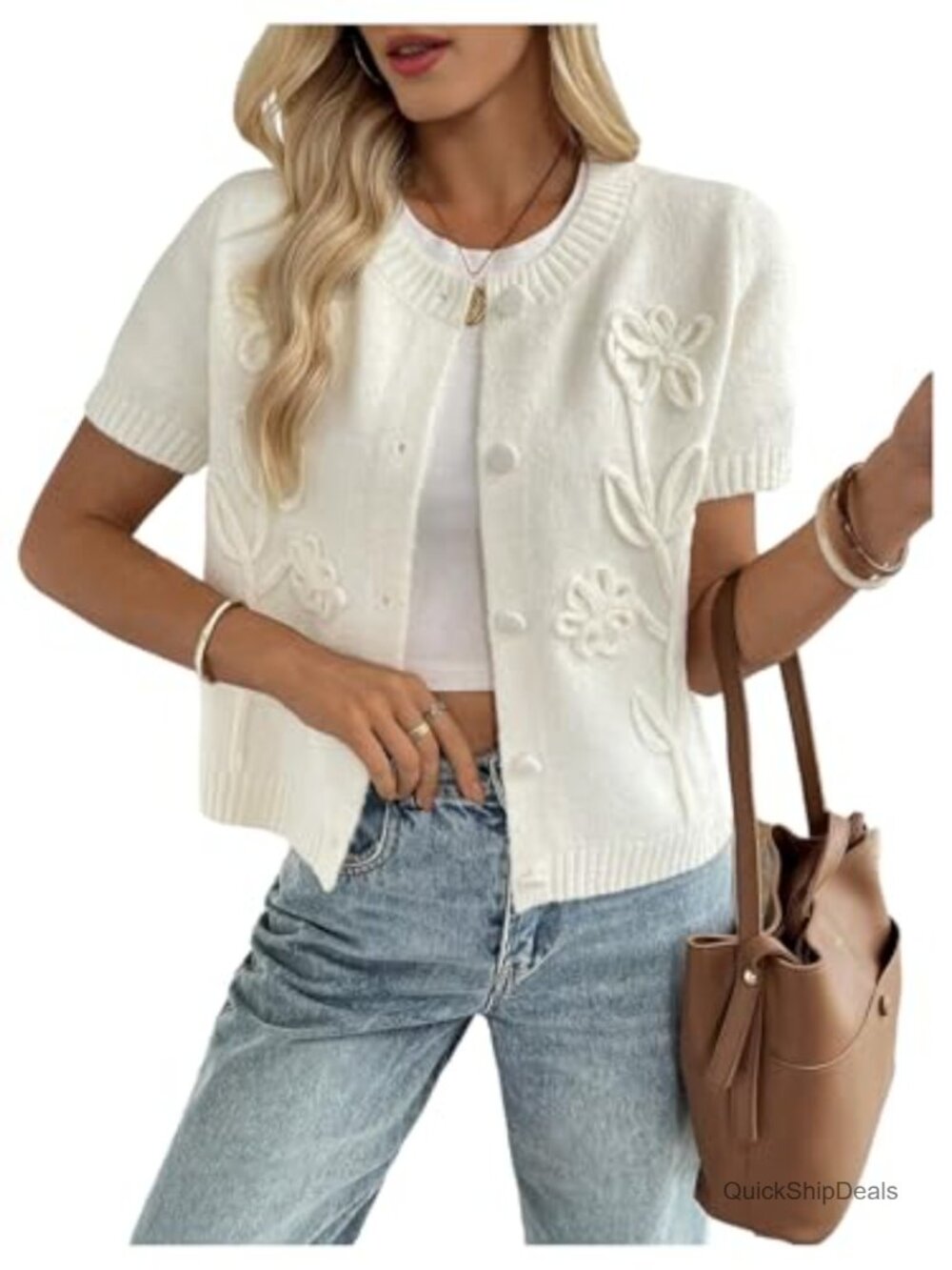 Floral Embroidery Short Sleeve Button Up Cardigan Sweater